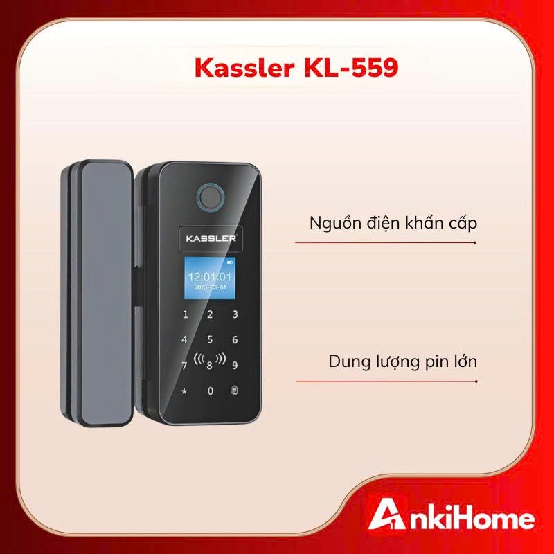 KASSLER KL-559 có dung lượng pin cho phép khoảng 5.000 lần đóng/mở và nếu cửa hết pin đột ngột thì có thể dùng cổng USB dự phòng để cấp nguồn tạm thời.