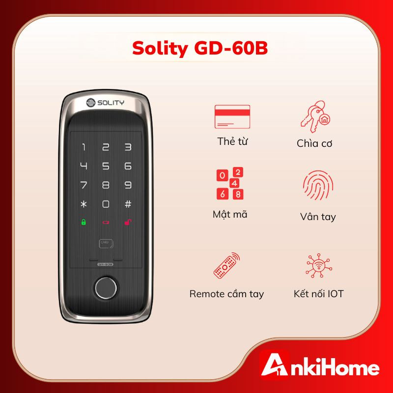 Khóa vân tay cửa cổng Solity GD-60B nổi bật với thiết kế deadbolt, dung lượng lưu trữ lên tới 100 vân tay 