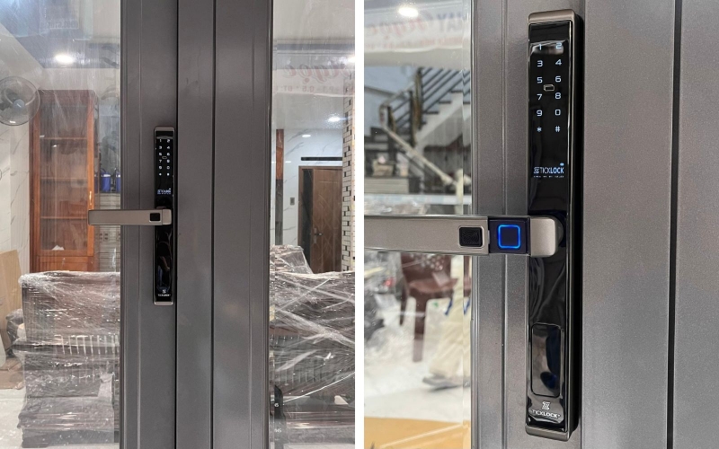 Khóa điện tử Bosch được lắp cho hệ cửa nhôm Xingfa hiện đại tại nhà khách hàng