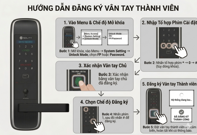 Hướng Dẫn Cài Đặt Khóa Cửa Vân Tay Tại Nhà Cho Mọi Khóa Các bước đăng ký vân tay thành viên đơn giản ai cũng có thể thực hiện được