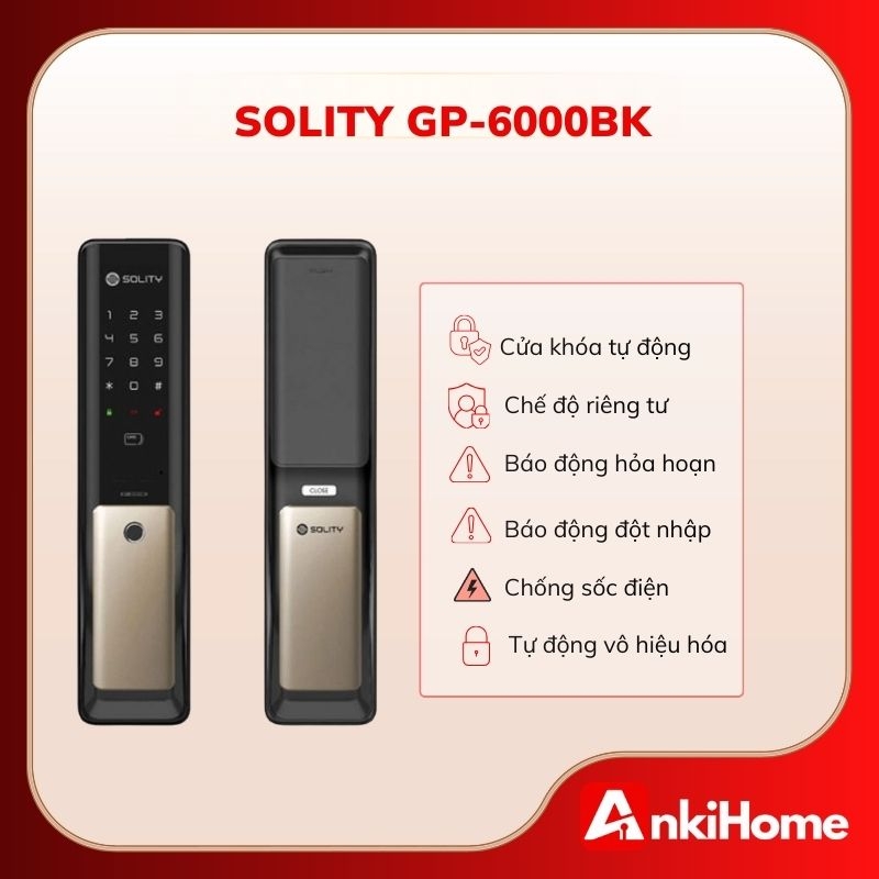 Solity GP-6000BK – Khóa Push-Pull Wi-Fi cao cấp với thiết kế sang trọng, lý tưởng cho homestay cao cấp.