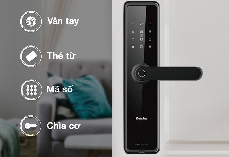 Khóa điện tử tích hợp hỗ trợ nhiều phương thức mở khóa như vân tay, mã số, thẻ từ và điện thoại.