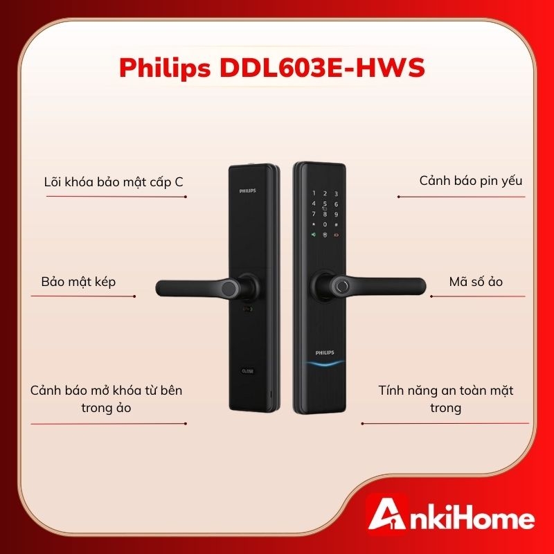 Philips DDL603E cho phép lưu trữ 100 vân tay, 100 thẻ từ, 10 mã số, kèm tính năng bảo mật kép và mã số ảo.