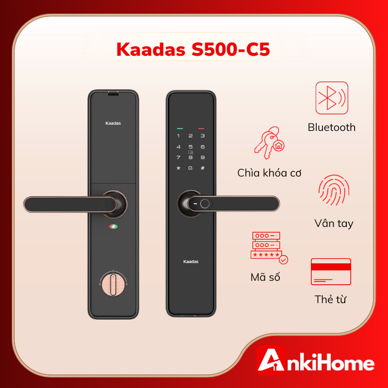 Kaadas S500-C5 tích hợp đủ phương thức mở khóa hiện đại nhue vân tay, thẻ từ, mã số, điều khiển từ xa qua bluetooth.