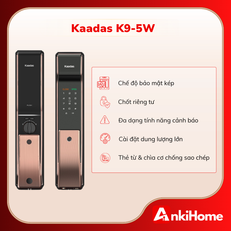 Kaadas K9-5W là khóa vân tay Wi-Fi thông minh với thiết kế Push-Pull hiện đại, tối ưu cho kho mini cho thuê cần quản lý từ xa.