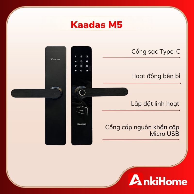 KAADAS M5 lưu được 20 vân tay, 100 thẻ từ, 20 mã số và tương thích tốt với cửa dày 30 - 90 mm.