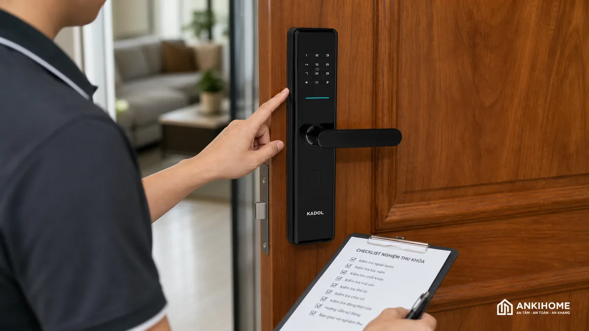 Khóa Cửa Gỗ Kadol PW19 Kỹ thuật ANKIHOME nghiệm thu khóa cửa gỗ Kadol PW19 sau lắp đặt